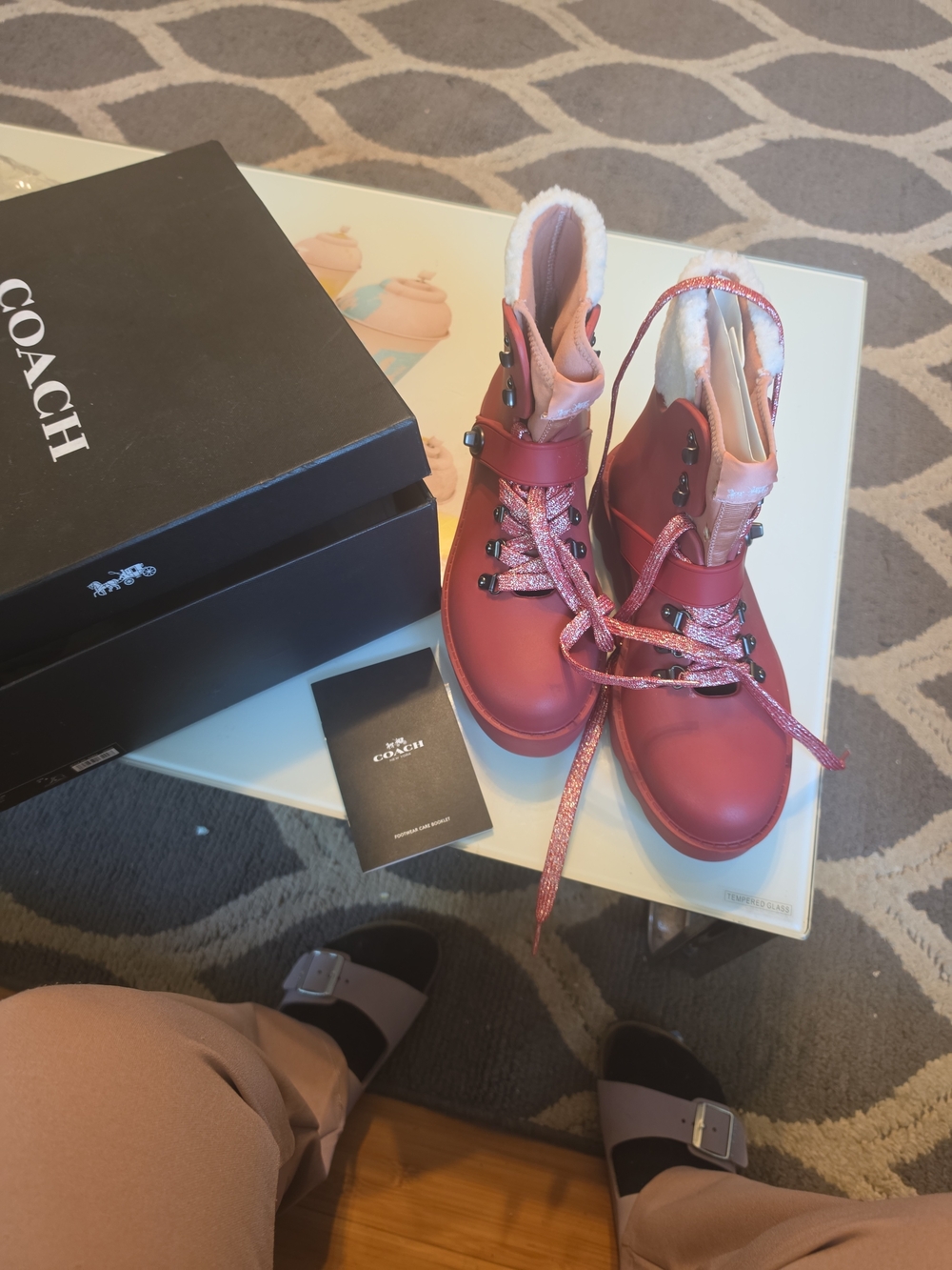 Coach Women's Pink Leather Lace-Up Ankle Boots